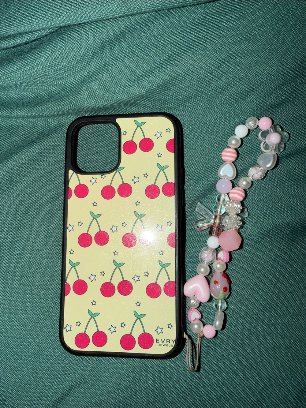 EVRY Jewels Yellow Cherry Pattern Phone Case with Pink Beaded Strap